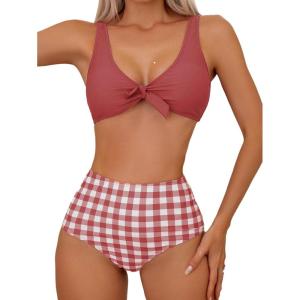 imageFloerns Womens 2 Piece Knot Front Solid Bra and High Waist Plaid Bottoms Bikini Swimsuit SetPink and White
