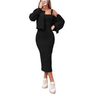 imageFloerns Womens 2 Piece Outfit Cami Bodycon Dress with Button Front Jacket SetBlack