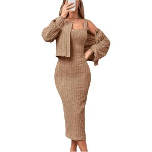 imageFloerns Womens 2 Piece Outfit Cami Bodycon Dress with Button Front Jacket SetKhaki