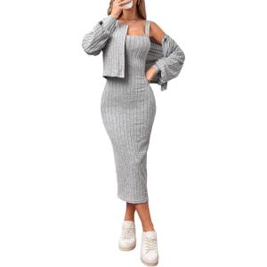 imageFloerns Womens 2 Piece Outfit Cami Bodycon Dress with Button Front Jacket SetLight Grey