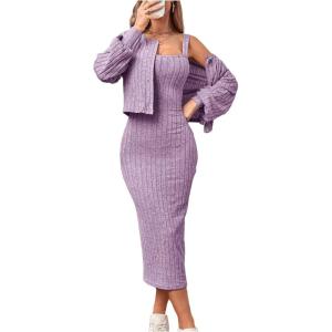 imageFloerns Womens 2 Piece Outfit Cami Bodycon Dress with Button Front Jacket SetMauve Purple