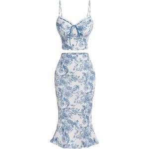 imageFloerns Womens 2 Piece Outfit Floral Print Tie Front Cami Top with Skirt SetBlue and White