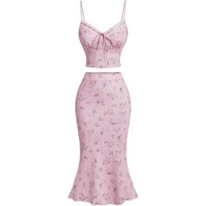 imageFloerns Womens 2 Piece Outfit Floral Print Tie Front Cami Top with Skirt SetLight Pink