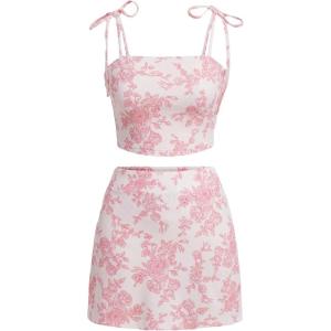 imageFloerns Womens 2 Piece Outfit Floral Print Tie Shoulder Cami Top with Skirt SetPink and White