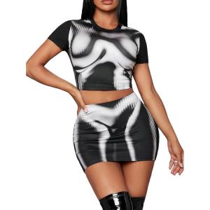 imageFloerns Womens 2 Piece Outfit Short Sleeve Crop Top with Bodycon Skirt SetBlack and White