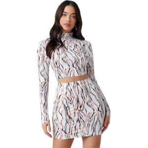 imageFloerns Womens 2 Piece Outfits Mock Neck Long Sleeve T Shirt Top and Skirt SetWhite Multi