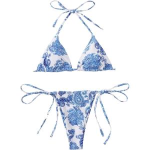 imageFloerns Womens 2 Piece Printed Halter Tie Side Triangle Bikini SwimsuitBlue
