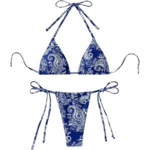 imageFloerns Womens 2 Piece Printed Halter Tie Side Triangle Bikini SwimsuitBlue and White