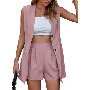imageFloerns Womens 2 Piece Solid Double Breasted Vest Blazer with High Waist Shorts SetDusty Pink
