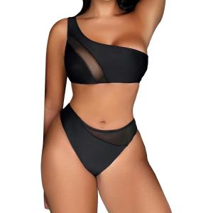 imageFloerns Womens 2 Piece Solid One Shoulder Mesh Bra and Bottoms Bikini Swimsuit Set