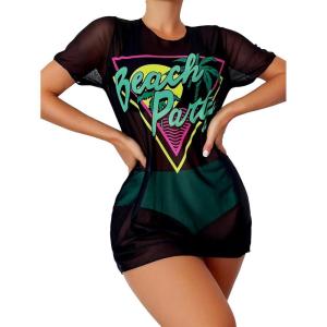 imageFloerns Womens 3 Piece Bathing Suit Tropical Print Bikini Swimsuit with Cover UpBlack Green Multi