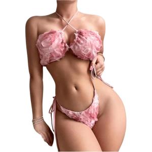 imageFloerns Womens Appliques Triangle Lettuce Trim Bikini Set Halter Wireless Bra and Tie Side Thong Swimsuit Set