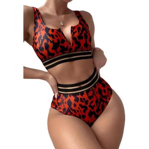imageFloerns Womens Bathing Suit Leopard Mesh V Wired Two Piece Bikini SwimsuitRed Multi