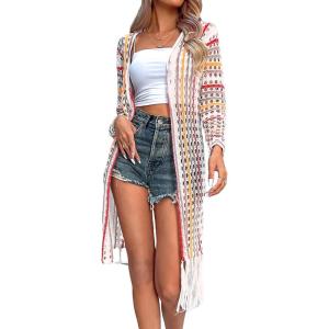 imageFloerns Womens Boho Striped Print Hollow Out Long Sleeve Fringe Trim Open Front Knit CardiganMulticolor