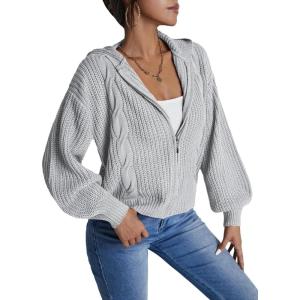 imageFloerns Womens Cable Knit Zip Up Hooded Drop Shoulder Long Sleeve Sweater CardiganLight Grey