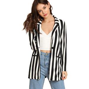imageFloerns Womens Casual Work Office Open Front Striped BlazerBlack White
