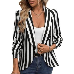 imageFloerns Womens Casual Work Office Open Front Striped BlazerInk Black White