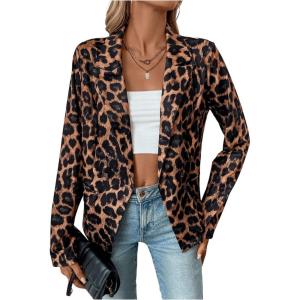 imageFloerns Womens Casual Work Office Open Front Striped BlazerKhaki Leopard