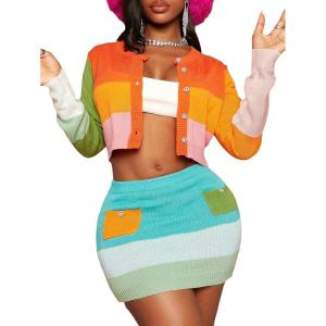 imageFloerns Womens Color Block Long Sleeve Button Down Cardigan Sweater Crop TopOrange Multi