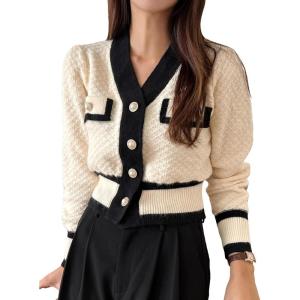 imageFloerns Womens Contrast Trim Long Sleeve Button Front V Neck CardiganApricot