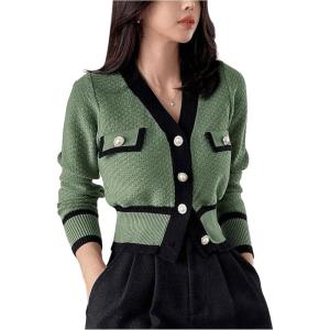 imageFloerns Womens Contrast Trim Long Sleeve Button Front V Neck CardiganGreen