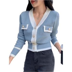 imageFloerns Womens Contrast Trim Long Sleeve Button Front V Neck CardiganLight Blue