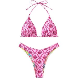imageFloerns Womens Floral Print Halter Triangle Cheeky Thong 2 Piece Bikini SetsPink