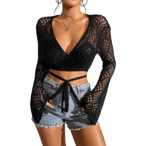 imageFloerns Womens Hollow Out V Neck Tie Front Long Sleeve Cardigan Sweater Crop TopBlack