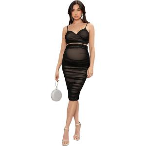 imageFloerns Womens Maternity 2 Piece Outfit Mesh Crop Cami Top and Pencil Skirt SetBlack