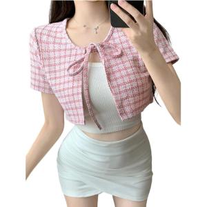 imageFloerns Womens Plaid Print Short Sleeve Tie Front Scoop Neck Crop Top TeePink