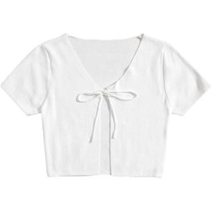 imageFloerns Womens Plaid Print Short Sleeve Tie Front Scoop Neck Crop Top TeeWhite Cream