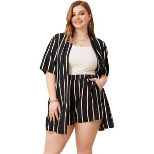 imageFloerns Womens Plus Size 2 Piece Outfit Tropical Print Kimono Top and Shorts SetBlack and White