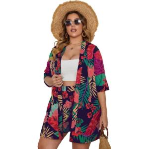 imageFloerns Womens Plus Size 2 Piece Outfit Tropical Print Kimono Top and Shorts SetNavy Blue