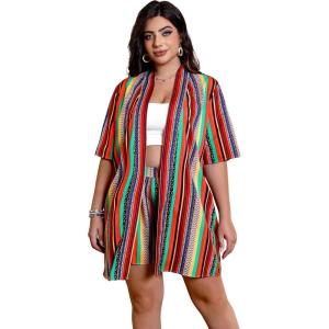imageFloerns Womens Plus Size 2 Piece Outfit Tropical Print Kimono Top and Shorts SetRainbow Multi