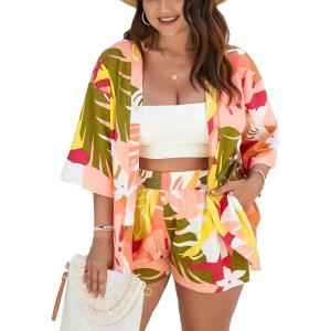 imageFloerns Womens Plus Size 2 Piece Outfit Tropical Print Kimono Top and Shorts SetYellow Gold