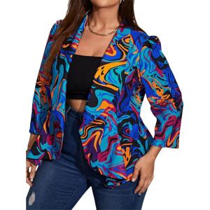 imageFloerns Womens Plus Size Allover Print Shawl Collar 34 Sleeve Blazer JacketBlue Multi