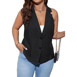 imageFloerns Womens Plus Size Button Down Lapel Neck Vest Sleeveless Blazer Suit JacketsBlack