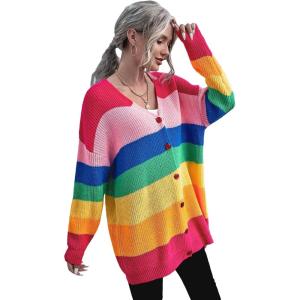 imageFloerns Womens Rainbow Striped Print Button Front Long Sleeve Cardigan SweaterMulti