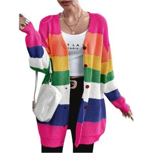 imageFloerns Womens Rainbow Striped Print Button Front Long Sleeve Cardigan SweaterPink Multi