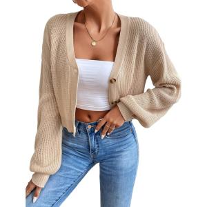 imageFloerns Womens Solid Long Sleeve Button Down V Neck Cardigan Crop Top SweaterApricot