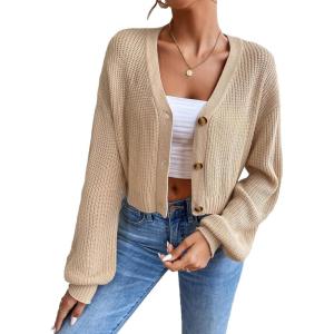 imageFloerns Womens Solid Long Sleeve Button Down V Neck Cardigan Crop Top SweaterBeige
