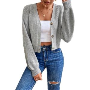 imageFloerns Womens Solid Long Sleeve Button Down V Neck Cardigan Crop Top SweaterLight Grey