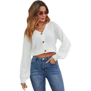 imageFloerns Womens Solid Long Sleeve Button Down V Neck Cardigan Crop Top SweaterWhite