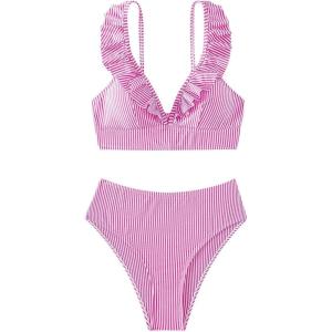 imageFloerns Womens Striped 2 Piece Ruffled Trim Crop Tops High Waist Thong Bikini SetsHot Pink