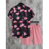 imageFloerns Mens Two Piece Outfit Printed Shirt Top and Drawstring Waist Shorts SetBlack Flamingo Multi