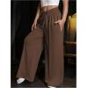 imageFloerns Womens Causal Drawstring High Waist Baggy Straight Wide Leg Sweatpants with PocketsCoffee Brown Solid