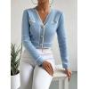 imageFloerns Womens Contrast Binding Long Sleeve V Neck Button Front Cardigan OuterwearDusty Blue