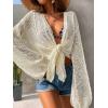 imageFloerns Womens Hollow Out Drop Shoulder Crop Cardigan Long Sleeve Tie Front Knit TopBeige
