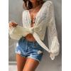 imageFloerns Womens Hollow Out Drop Shoulder Crop Cardigan Long Sleeve Tie Front Knit TopBeige