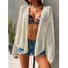 imageFloerns Womens Hollow Out Drop Shoulder Crop Cardigan Long Sleeve Tie Front Knit TopBeige